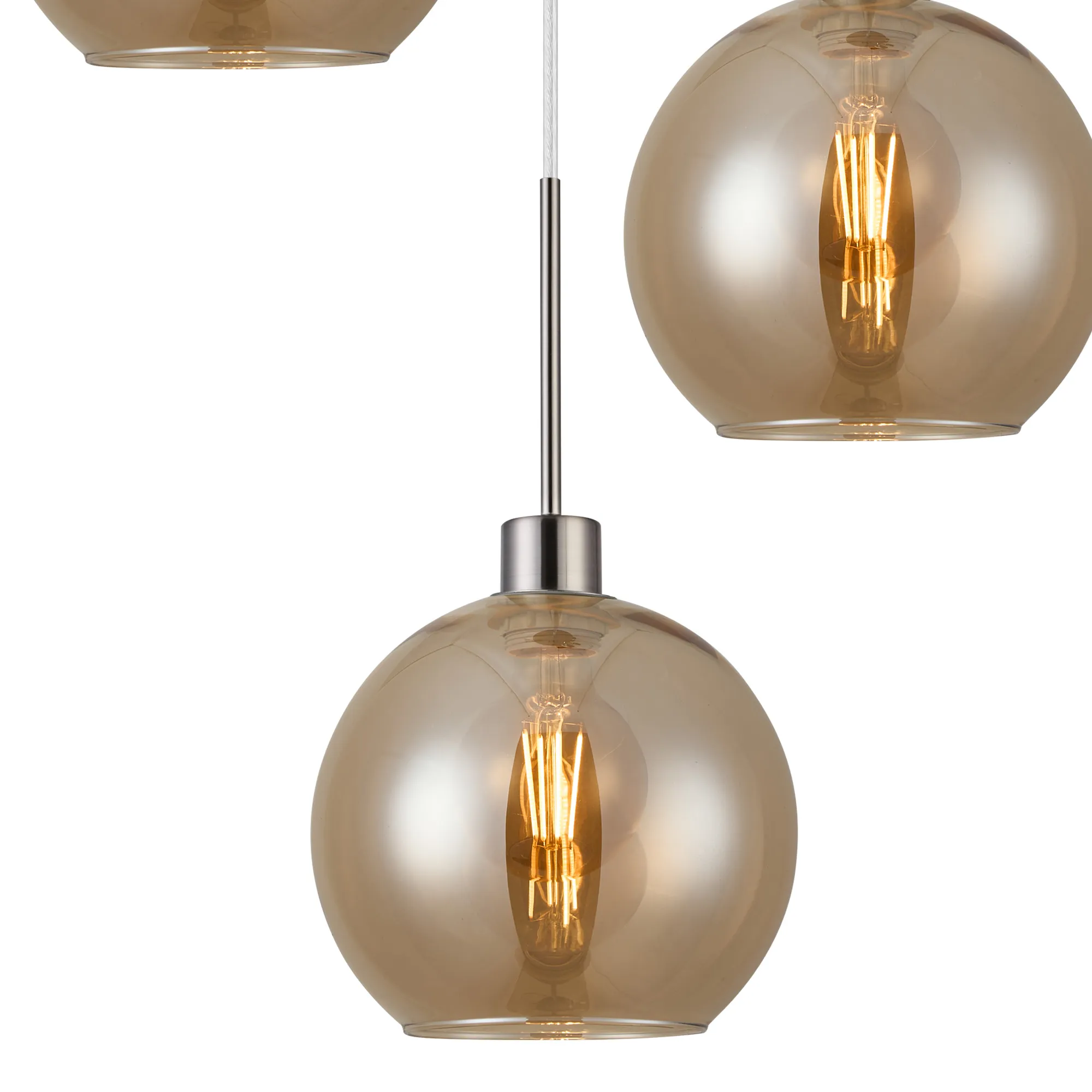 Lori 40cm Round Pendant, 3 Light Adjustable E27, Satin Nickel/Amber Open Mouth Round Globe Shades DK1365  Deco Lori Satin Nickel